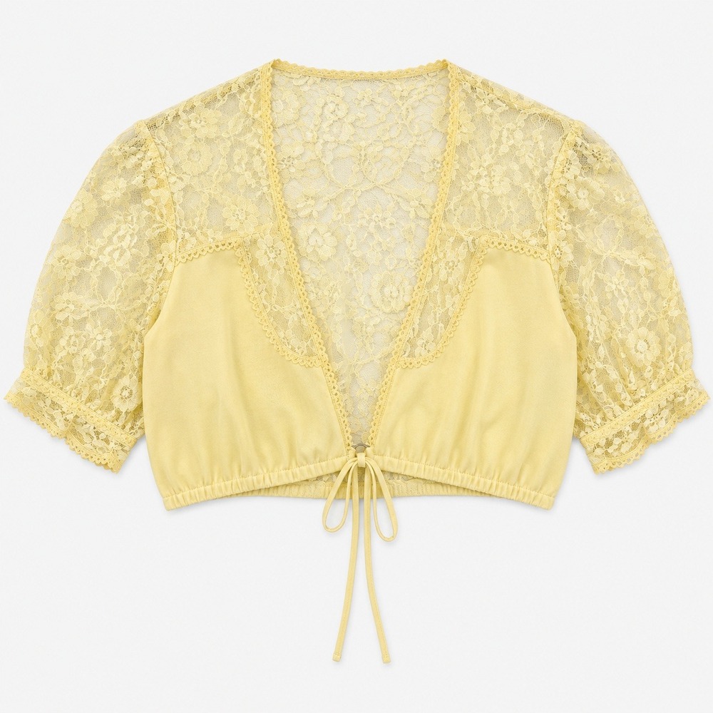 Vtg Pale Yellow Victorian Floral Lace Crop Top Bolero Fairy Coquette Cottagecore